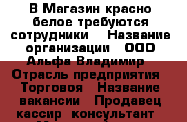 В Магазин красно белое требуются сотрудники  › Название организации ­ ООО Альфа Владимир › Отрасль предприятия ­ Торговоя › Название вакансии ­ Продавец кассир ,консультант › Место работы ­ Ульянова 7 а г.Брянск › Минимальный оклад ­ 19 000 › Максимальный оклад ­ 30 000 › Возраст от ­ 18 › Возраст до ­ 35 - Брянская обл. Работа » Вакансии   